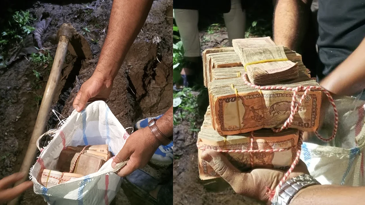 While digging the ground, bundles of stolen money came out!