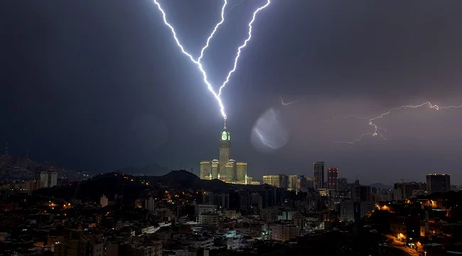 A picture taken on August 22 2023 shows lightning over Meccas clock tower in Saudi Arabia