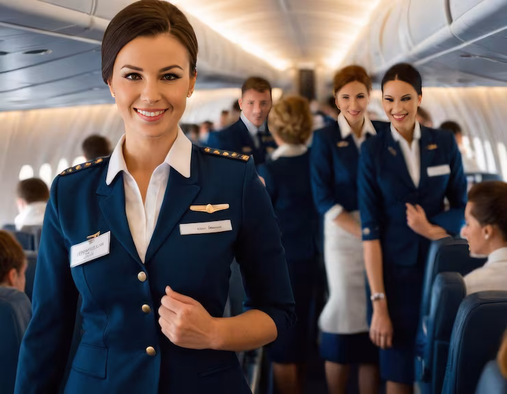 Happy flight attendant uniform greets passengers onboard 98982